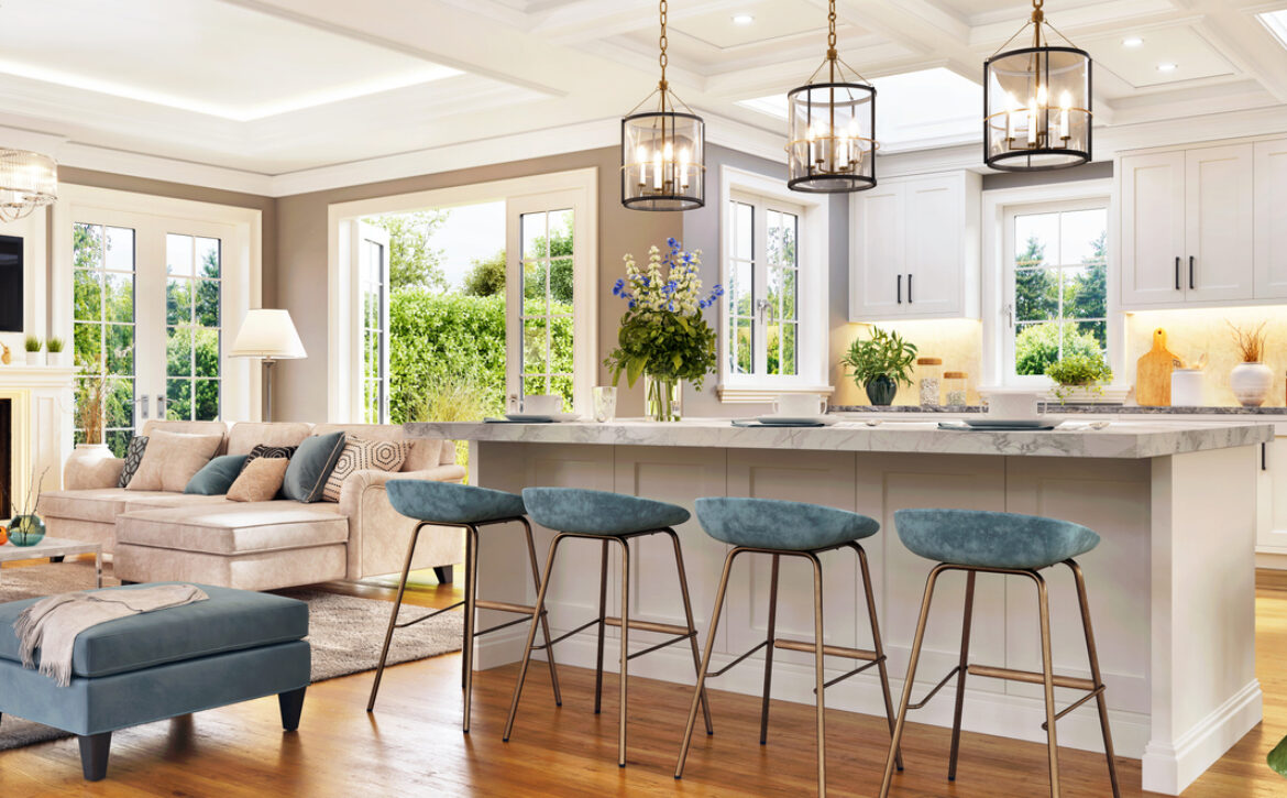 Open plan living room with white kitchen