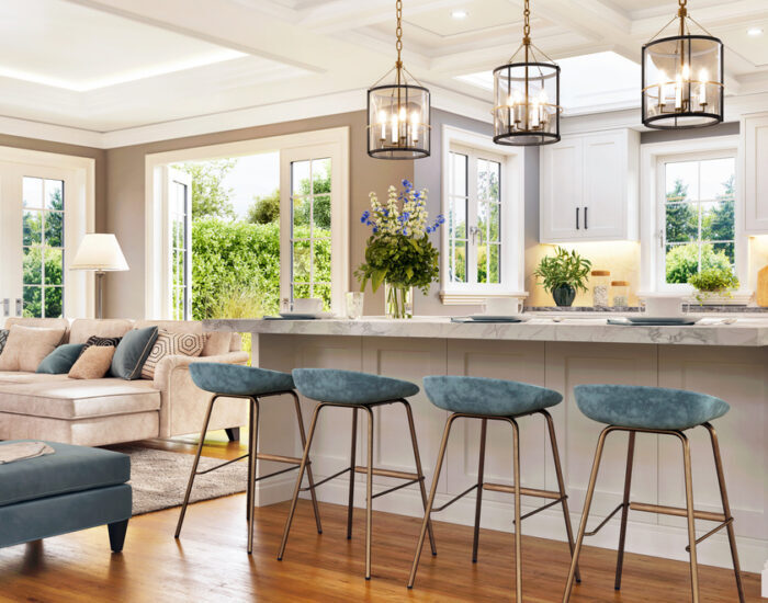 Open plan living room with white kitchen